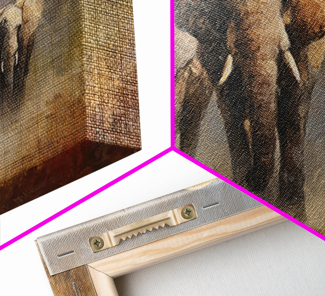 Elephant Family Walking Through Dusty Golden Light Canvas Print, Animal Art, Art Deco, Living Room Decor, Fine Art, Creature, ANI-3x2-66