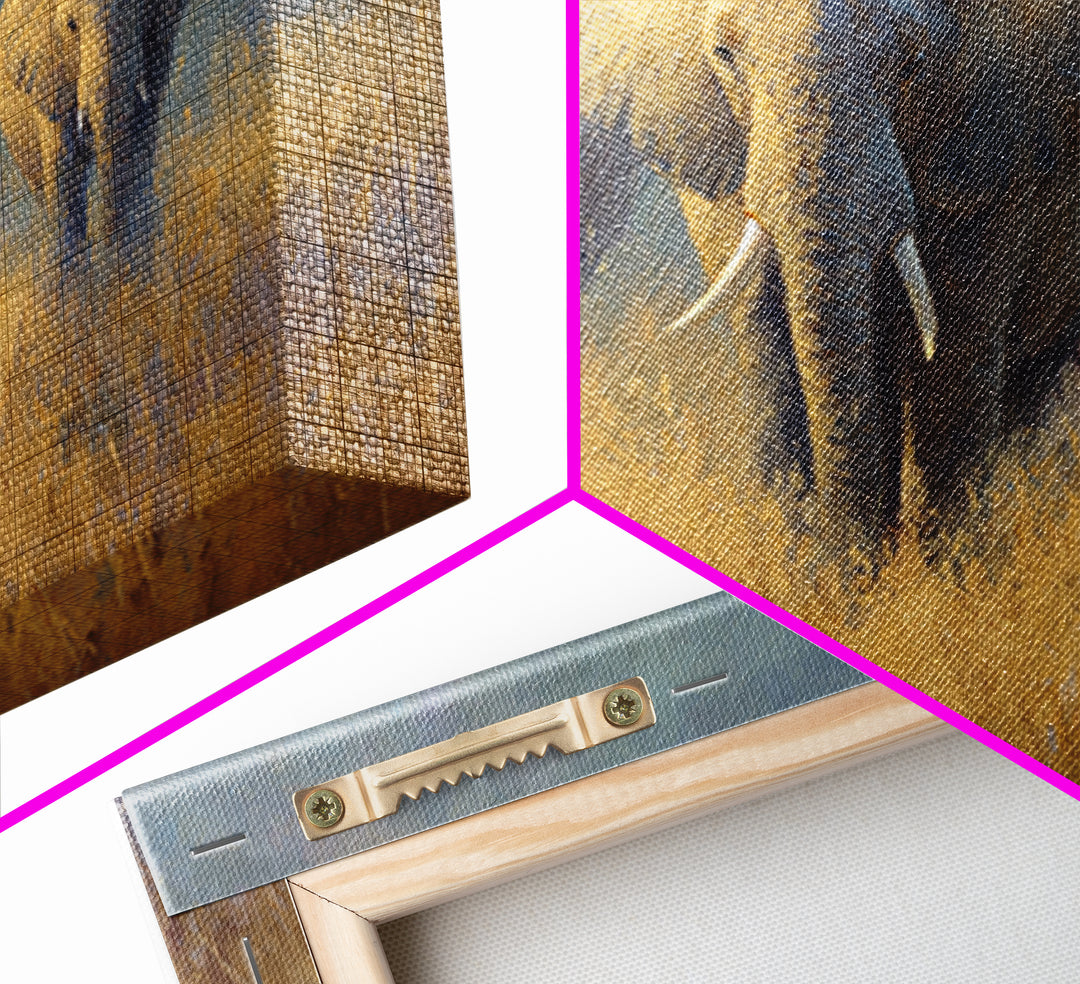 Elephant Family Walking Through Dusty Golden Light Canvas Print, Animal Art, Farmhouse Decor, Living Room Decor, Creature, ANI-3x2-90