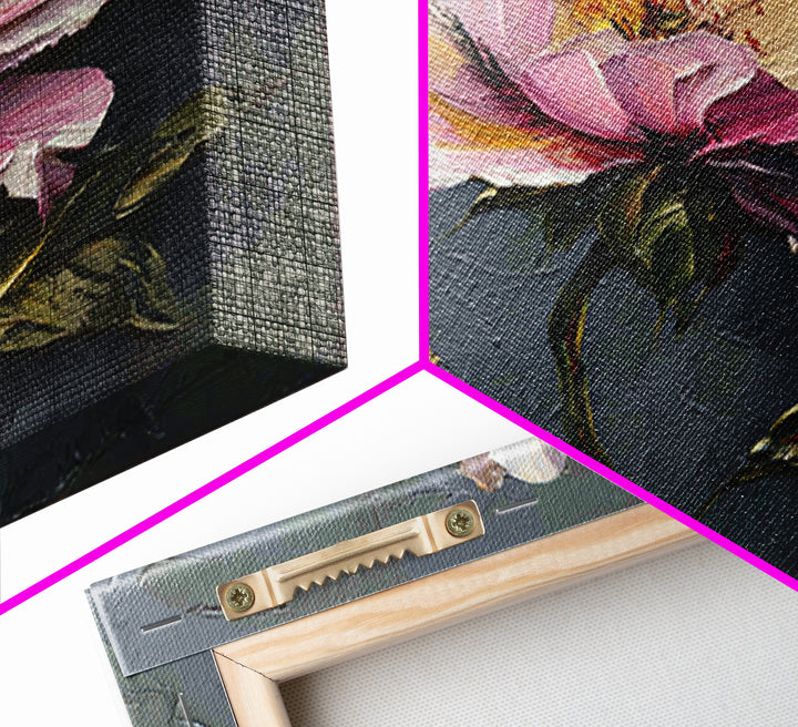 Romantic Floral Oil Painting Framed Canvas Print, Art, Art Commission, Living Room Decor, Oil Painting, Black Art, ART-1x1-8