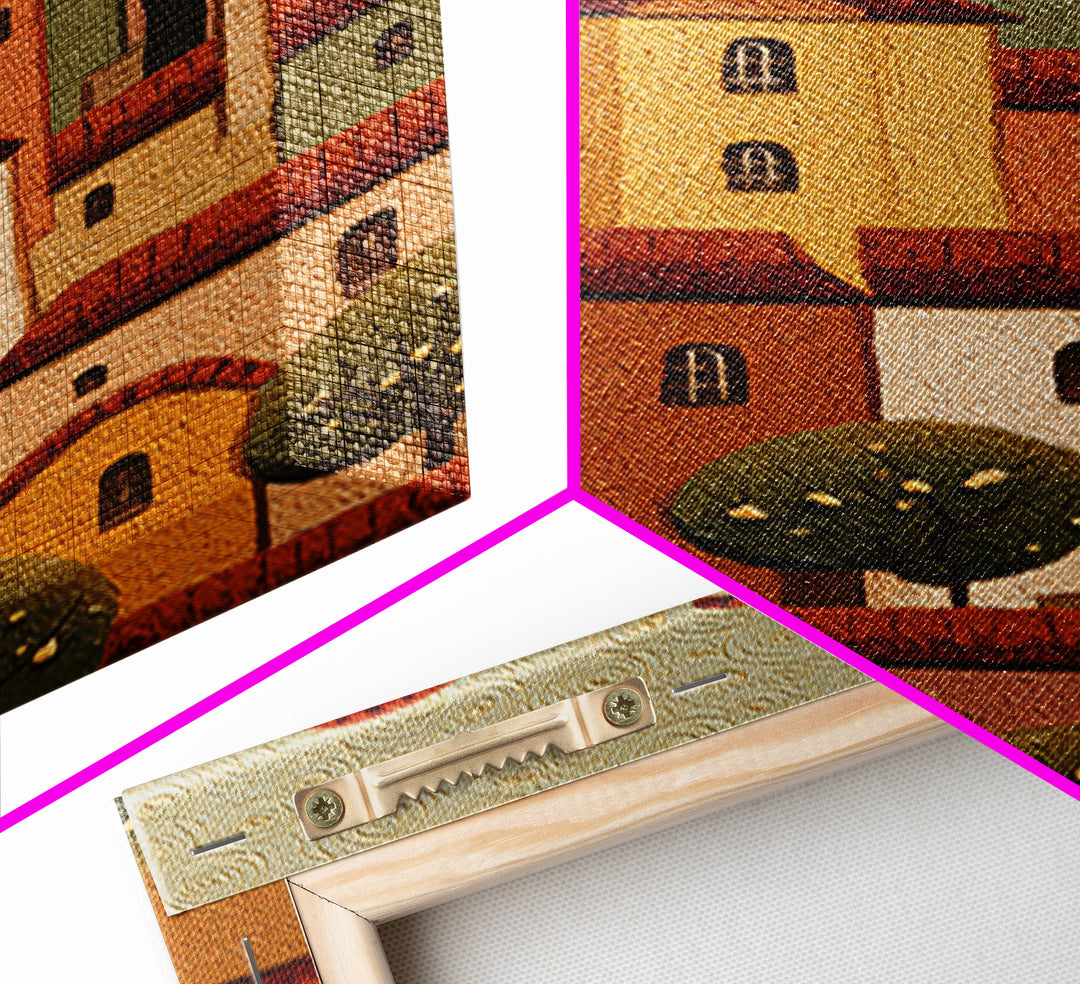 Naive Folk Art Village Framed Canvas Print, Art, Wall Art Prints, Living Room Decor, Fine Art, Ai Art, Textured Wall Art, ART-2x3-76