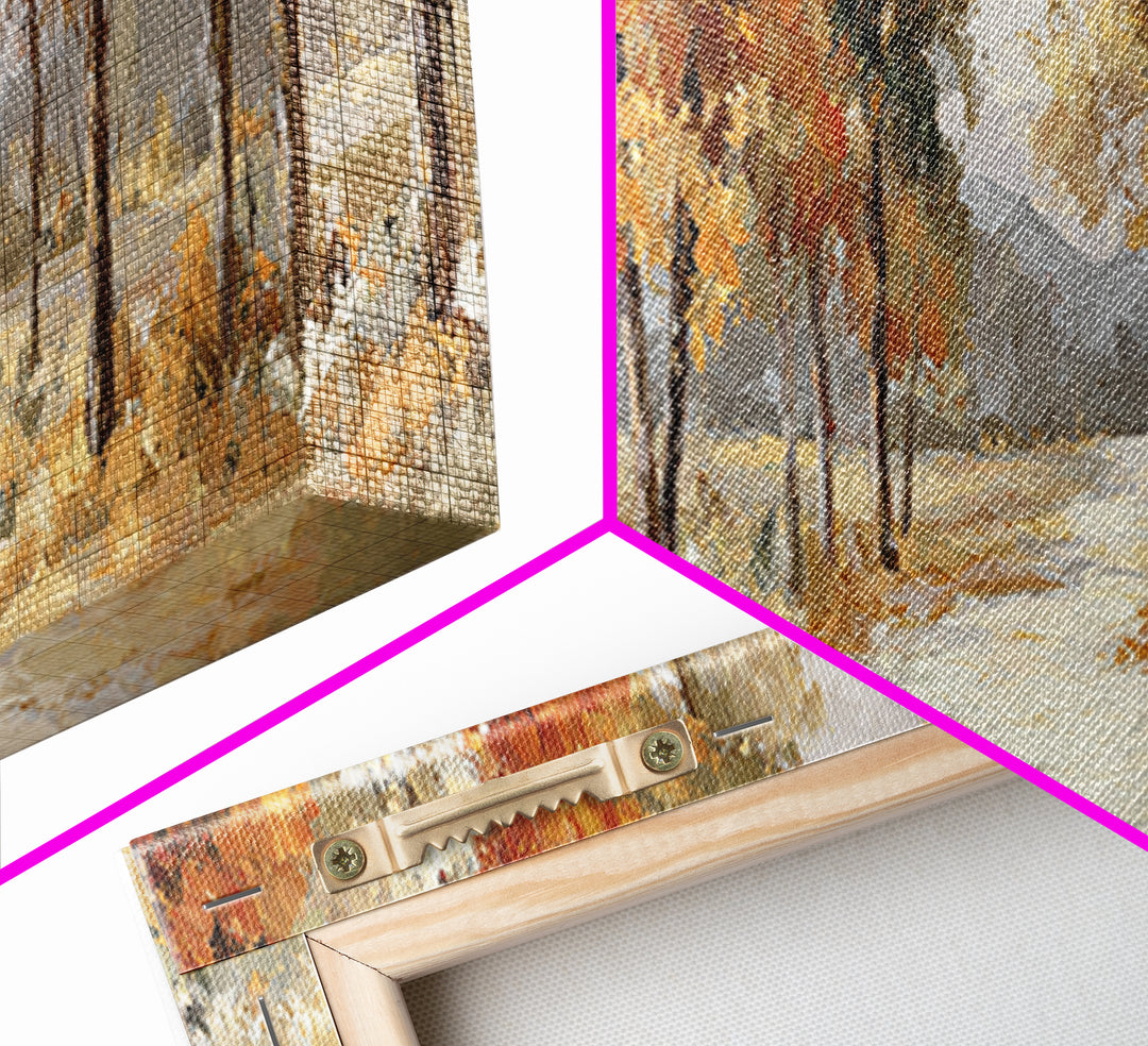 Woodland Path with Golden Autumn Atmosphere Framed Canvas Print, Art, Statement Artwork, Living Room Decor, Fine Art, ART-3x1-63