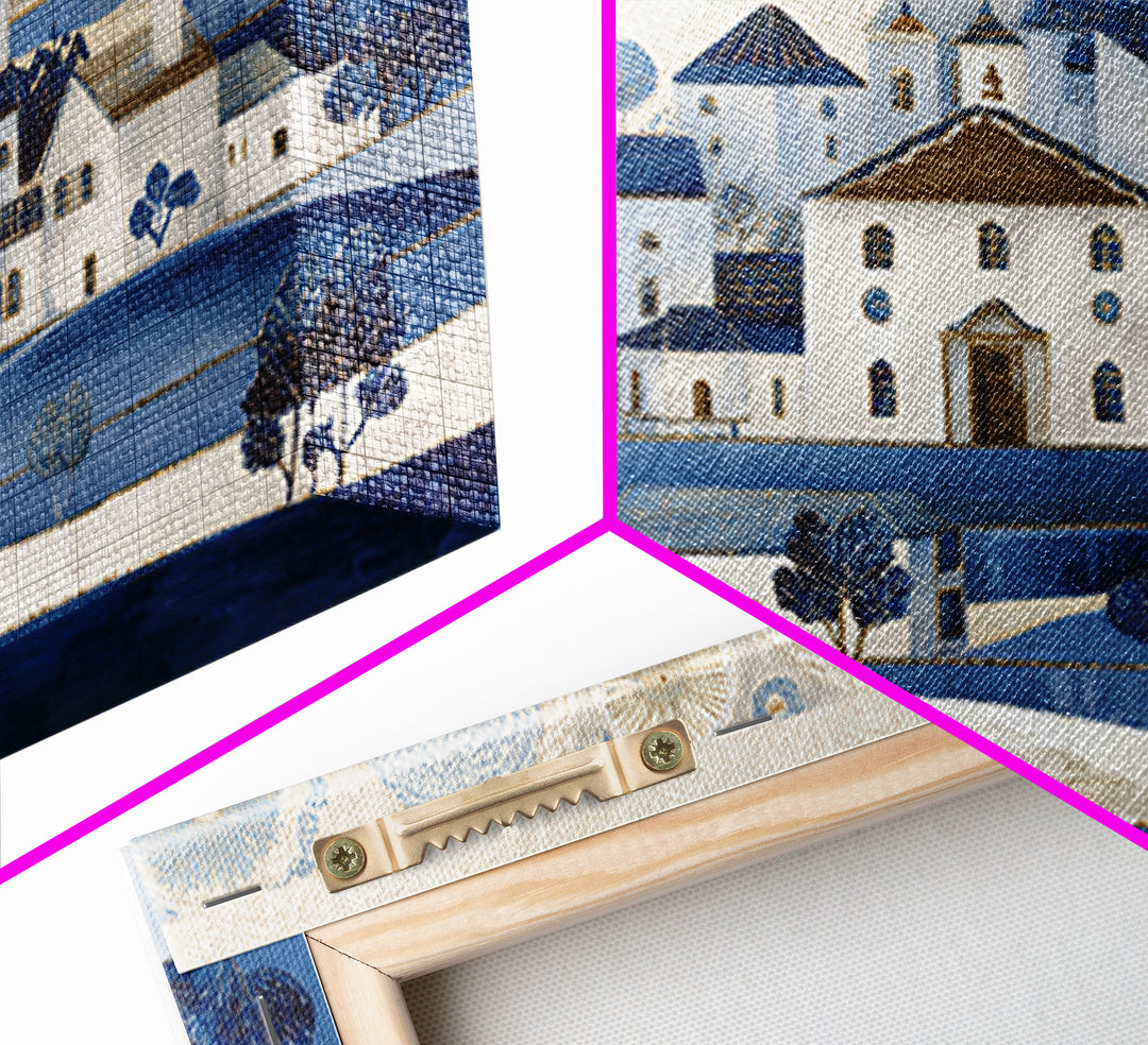 Naive Folk Art Village Framed Canvas Print, Art, Pink Wall Art, Living Room Decor, Fine Art, Textured Painting, ART-3x2-96