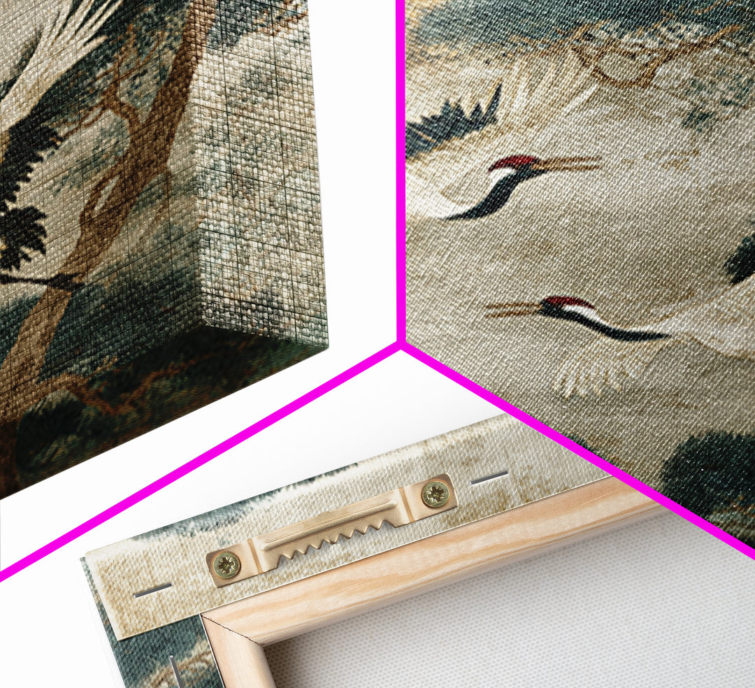 Red Crowned Cranes Flying Through Misty Pine Canvas Print, Asian Inspired Art, Art Print, Living Room Decor, Harmony, ASI-1x1-73
