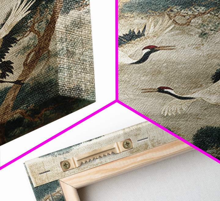 Red Crowned Cranes Flying Through Misty Pine Canvas Print, Asian Inspired Art, Art Print, Living Room Decor, Harmony, ASI-1x1-73
