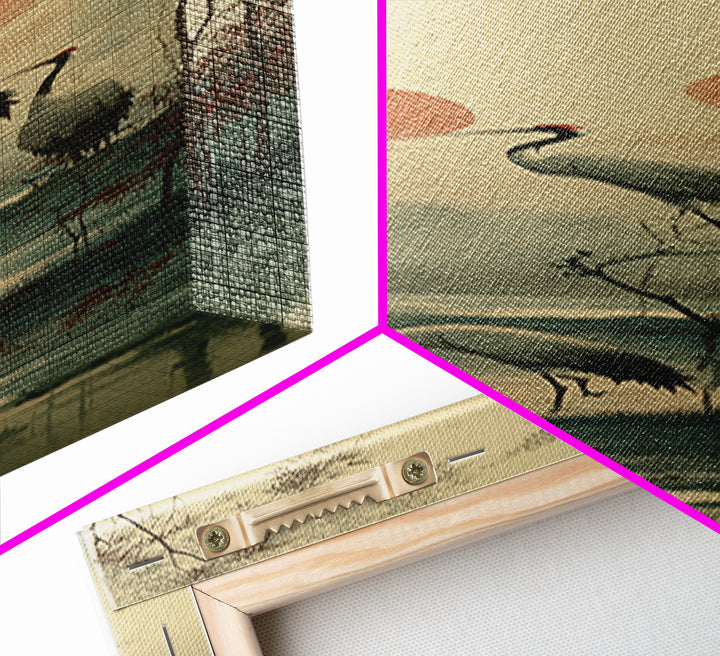 Crane and Moon Composition Canvas Print, Asian Inspired Art, Boho Decor, Living Room Decor, Oil Painting, Harmony, Digital Art, ASI-1x3-12