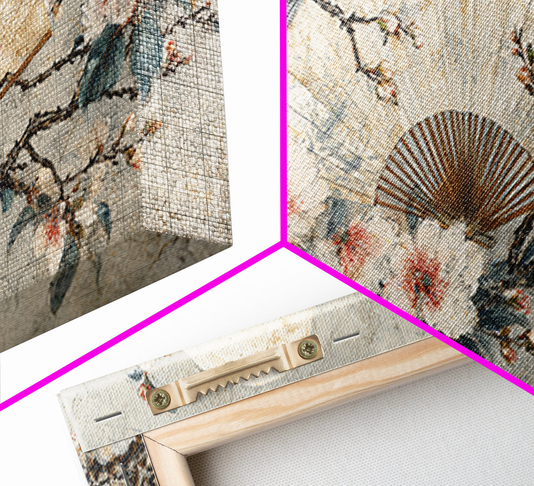 Fan Shaped Composition of Blossoms and Birds Canvas Print, Asian Inspired Art, Unique Wall Art, Living Room Decor, Harmony, ASI-2x1-85