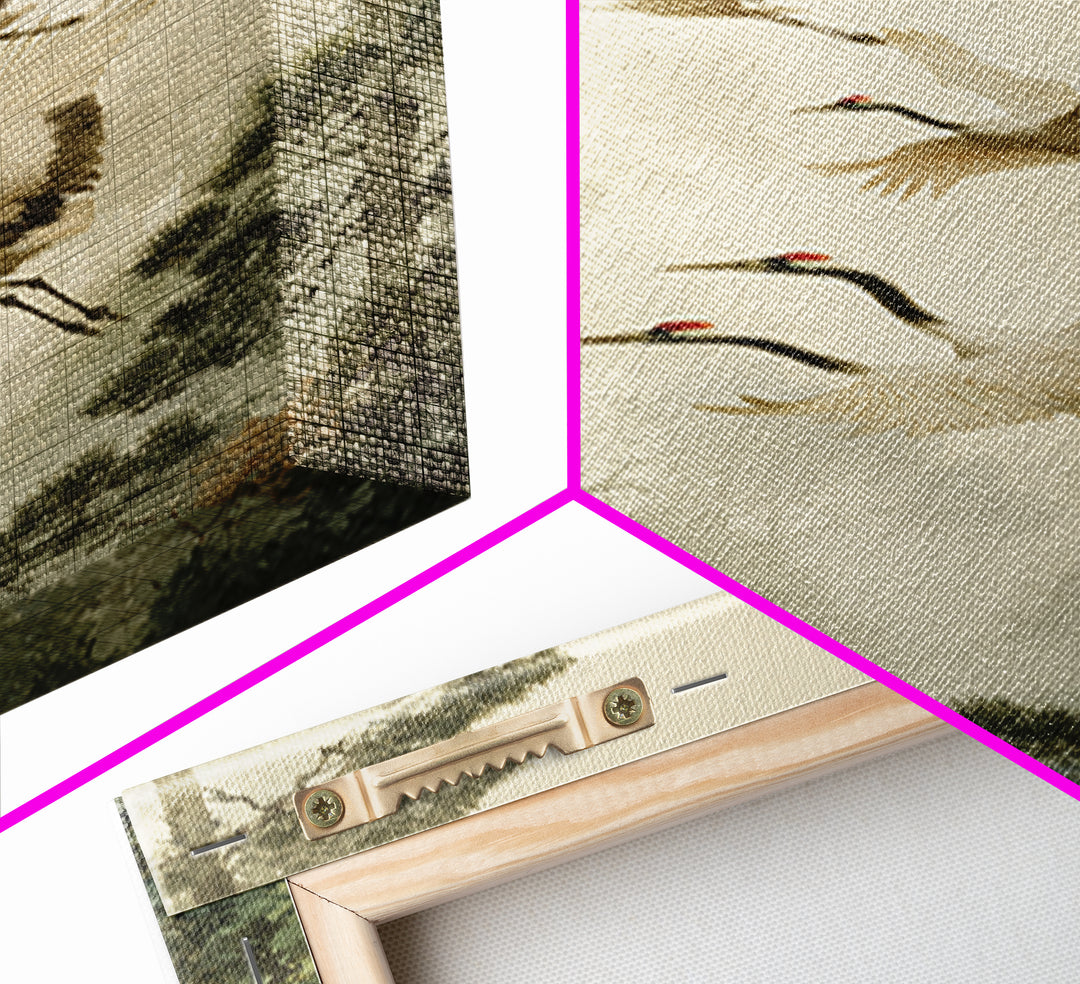 Red Crowned Cranes Flying Through Misty Pine Canvas Print, Asian Inspired Art, Poster, Living Room Decor, Fine Art, Harmony, ASI-2x3-9
