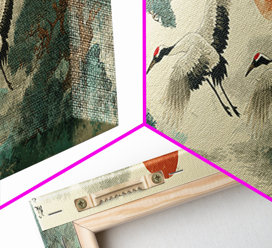 Red Crowned Cranes Flying Through Misty Pine Canvas Print, Asian Inspired Art, Aesthetic Wall Art, Living Room Decor, Harmony, ASI-3x1-41