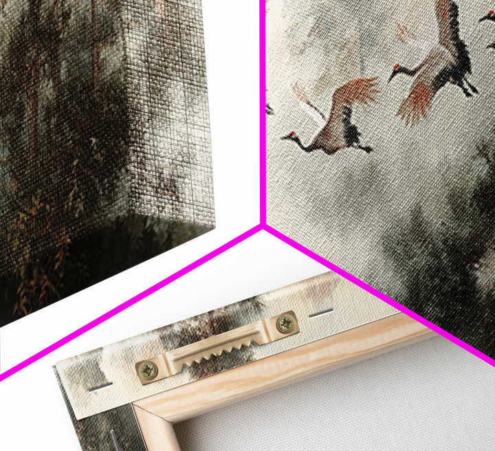 Red Crowned Cranes Flying Through Misty Pine Canvas Print, Asian Inspired Art, Aesthetic Wall Art, Living Room Decor, Harmony, ASI-3x1-65