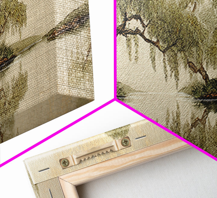 Willow Tree over a Reflective Pond Framed Canvas Print, Asian Inspired Art, Bird Art, Living Room Decor, Fine Art, Harmony, ASI-3x1-82