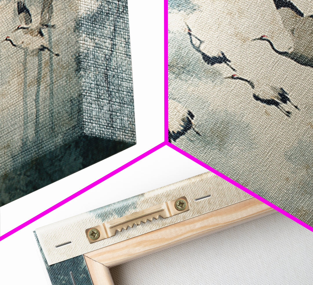 Red Crowned Cranes Flying Through Misty Pine Framed Canvas Print, Asian Inspired Art, Indian Art, Living Room Decor, Harmony, ASI-3x2-5