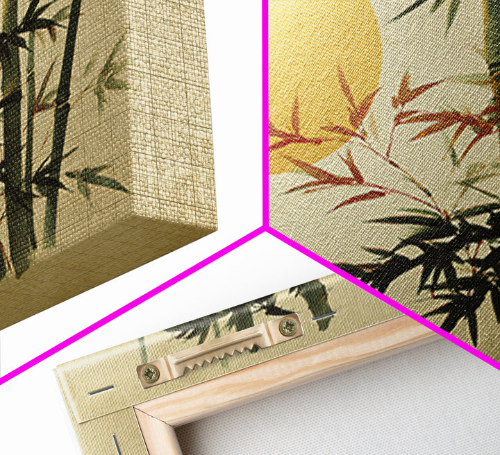 Golden Moon Behind Bamboo Silhouettes Framed Canvas Print, Asian Inspired Art, Japandi Wall Art, Living Room Decor, Harmony, ASI-3x2-9
