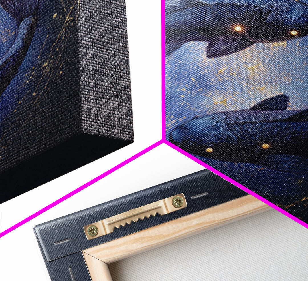 Cosmic Fish Pair Circling a Moonlit Pool Framed Canvas Print, Astrology Art, Dtf Print, Living Room Decor, Fine Art, Zodiac, AST-1x1-47