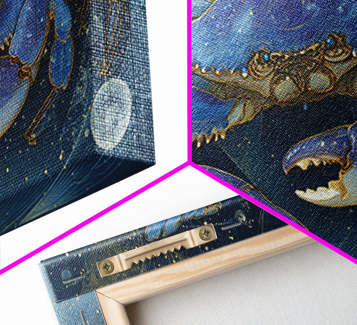Celestial Crab under Glowing Ocean Moonlight Framed Canvas Print, Astrology Art, Room Decor, Living Room Decor, Zodiac, AST-2x1-12