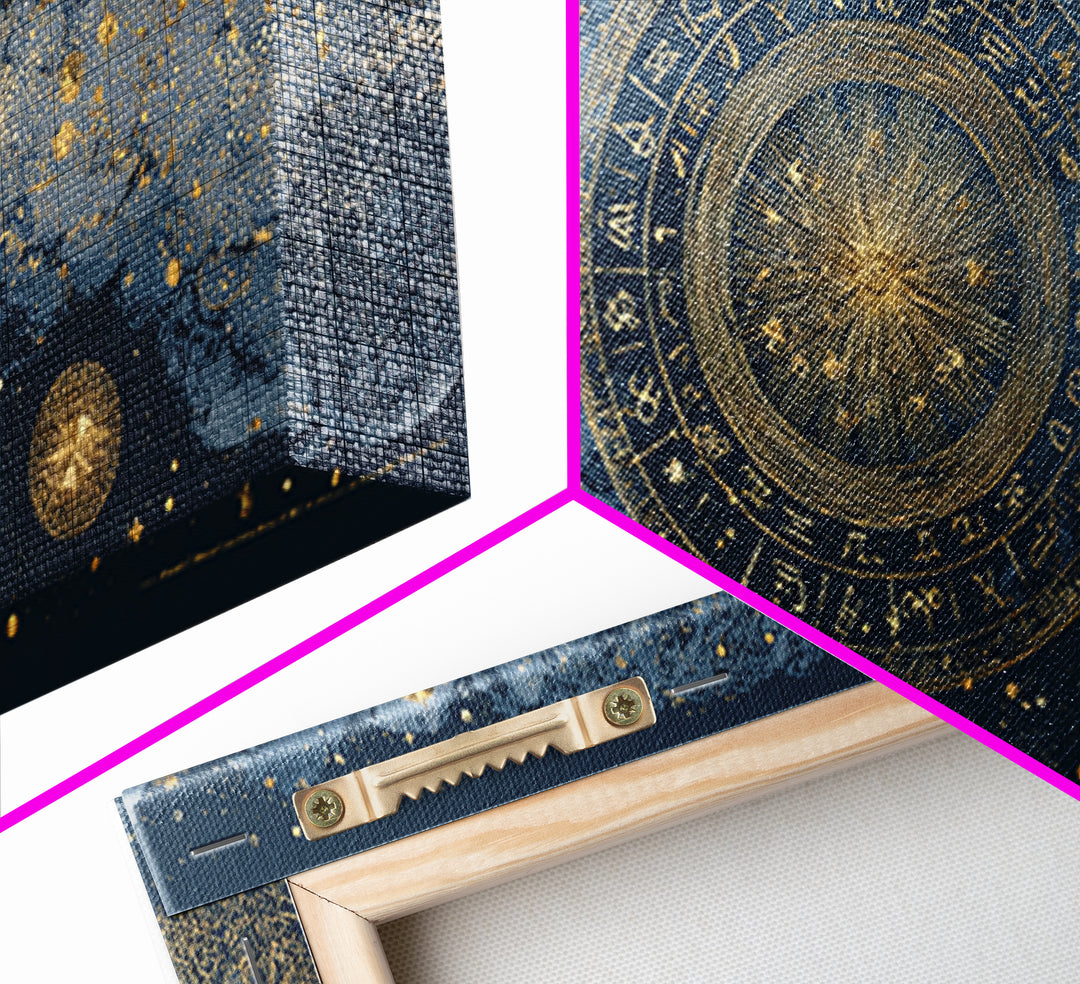 Gold Zodiac Wheel on Deep Midnight Blue Canvas Print, Astrology Art, Digital Wall Art, Living Room Decor, Oil Painting, Zodiac, AST-2x1-21