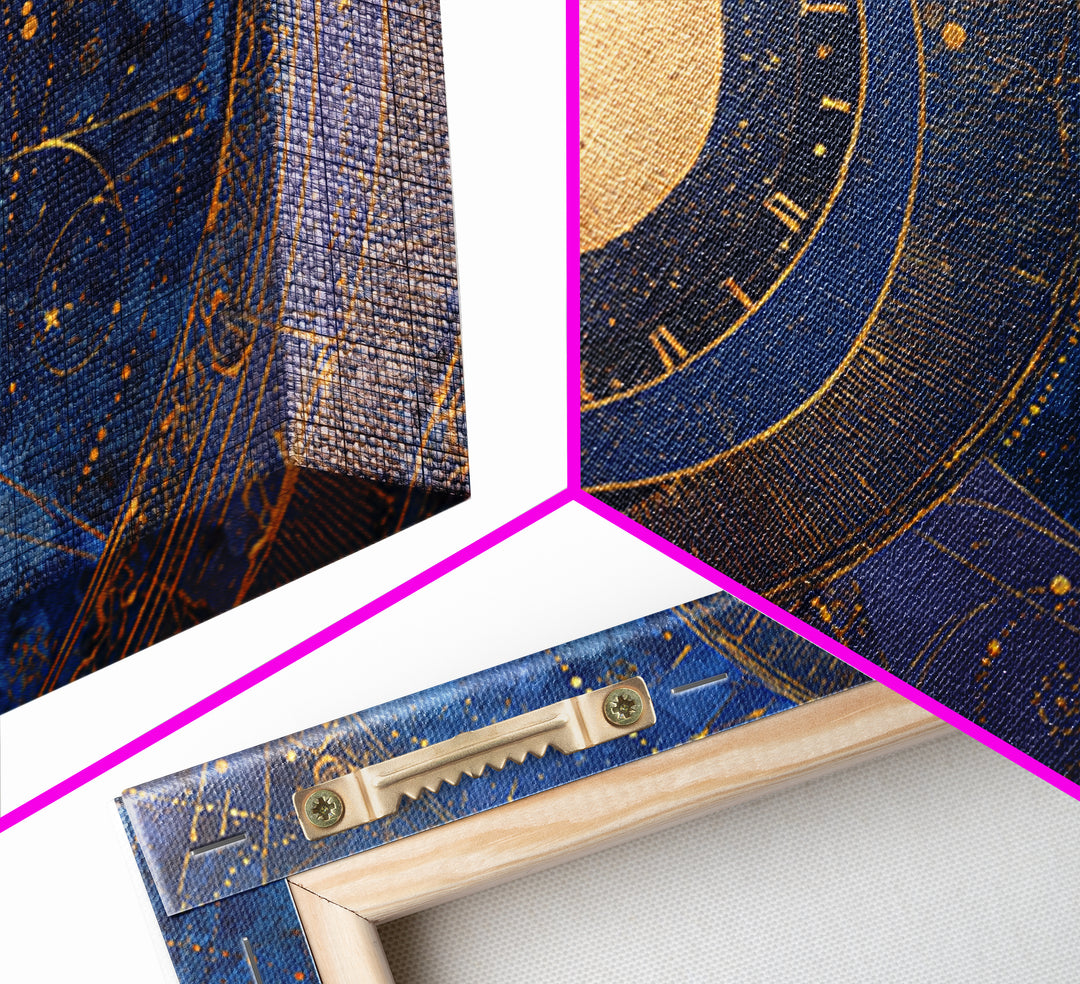 Gold Zodiac Wheel on Deep Midnight Blue Framed Canvas Print, Astrology Art, Astronomy Print, Living Room Decor, Zodiac, AST-3x2-5