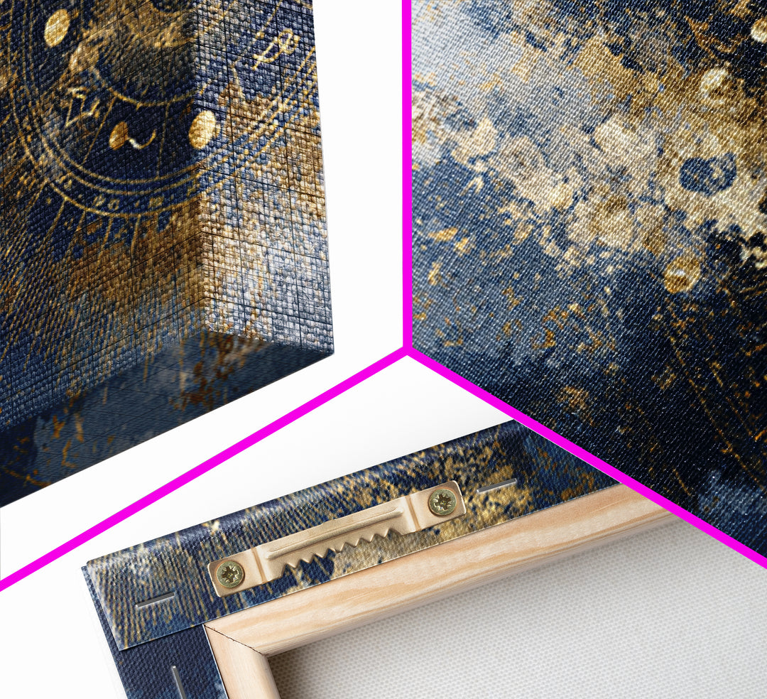 Gold Zodiac Wheel on Deep Midnight Blue Canvas Print, Astrology Art, Neutral Decor, Living Room Decor, Fine Art, Zodiac, AST-3x2-53