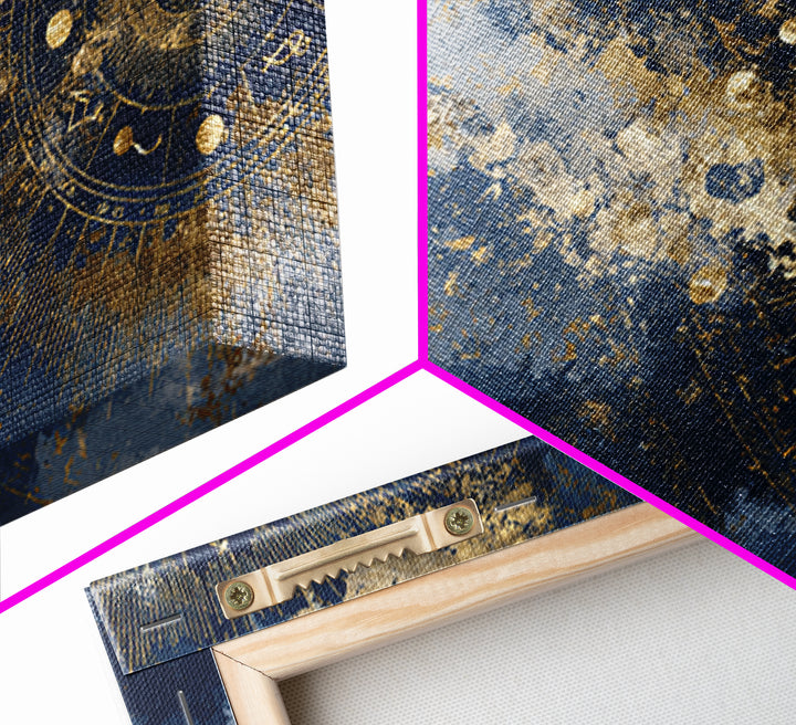 Gold Zodiac Wheel on Deep Midnight Blue Canvas Print, Astrology Art, Neutral Decor, Living Room Decor, Fine Art, Zodiac, AST-3x2-53