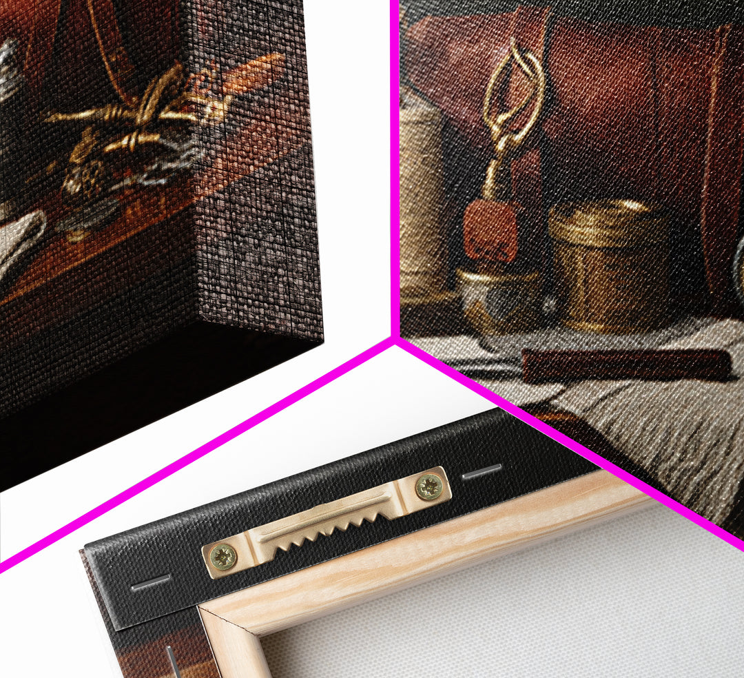 Leather Apron and Brass Tools Still Life Framed Canvas Print, Barbershop Art, Home Decor, Barbershop Decor, Fine Art, Grooming, BAA-2x1-42