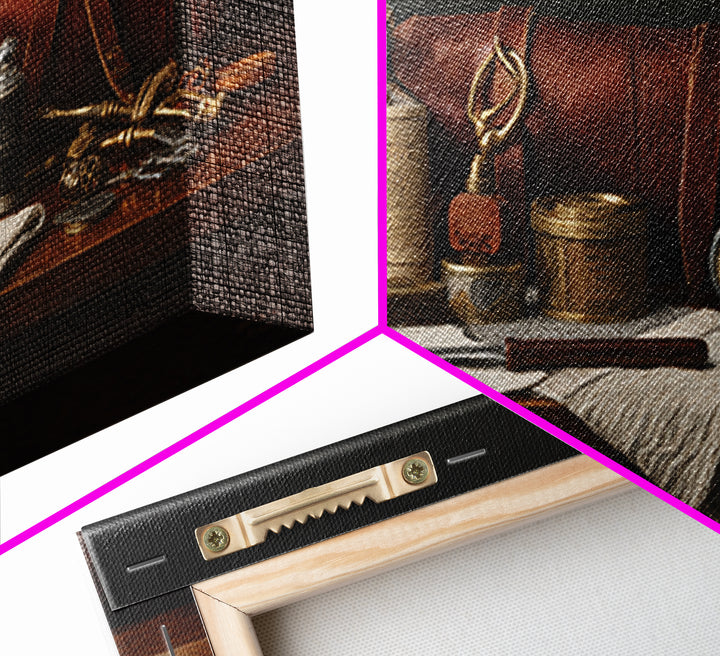 Leather Apron and Brass Tools Still Life Framed Canvas Print, Barbershop Art, Home Decor, Barbershop Decor, Fine Art, Grooming, BAA-2x1-42