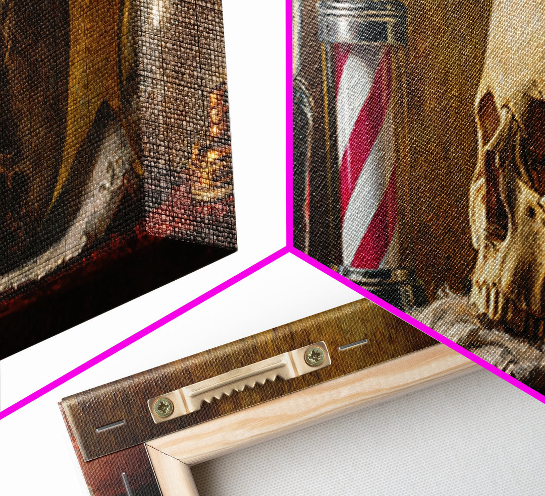 Skull with Comb and Razor in Tattoo Framed Canvas Print, Barbershop Art, Room Decor, Barbershop Decor, Fine Art, Grooming, BAA-3x1-55
