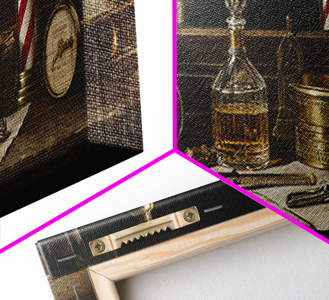 Whiskey and Straight Razor Masculine Still Life Canvas Print, Barbershop Art, Oil Painting, Barbershop Decor, Grooming, BAA-3x1-71
