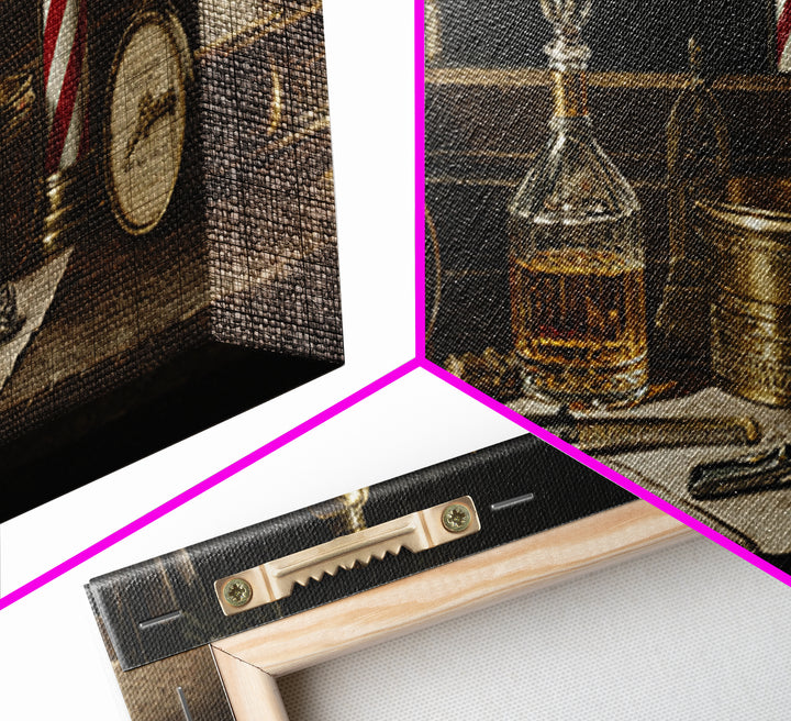 Whiskey and Straight Razor Masculine Still Life Canvas Print, Barbershop Art, Oil Painting, Barbershop Decor, Grooming, BAA-3x1-71