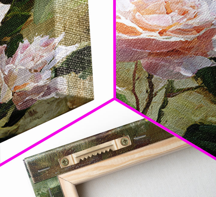 Garden Roses in Romantic Oil Paint Framed Canvas Print, Bed and Breakfast Art, Neutral Decor, Living Room Decor, Oil Painting, BAB-1x1-21