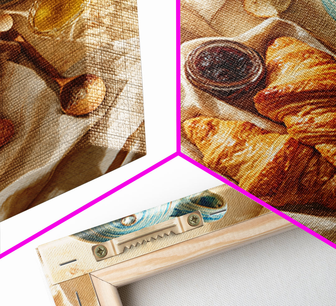 Fresh Croissants and Jam on a Linen Canvas Print, Bed and Breakfast Art, Folk Art, Living Room Decor, Abstract Art, BAB-1x1-50