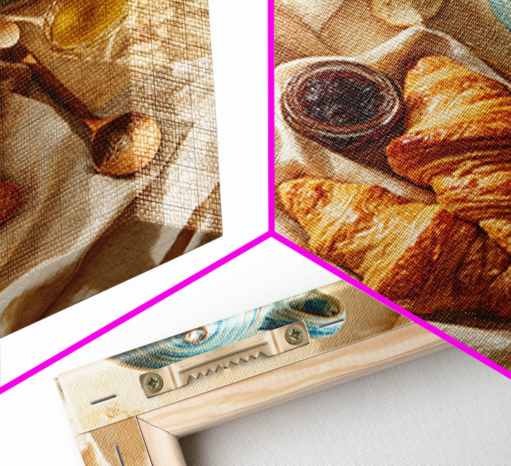 Fresh Croissants and Jam on a Linen Canvas Print, Bed and Breakfast Art, Folk Art, Living Room Decor, Abstract Art, BAB-1x1-50