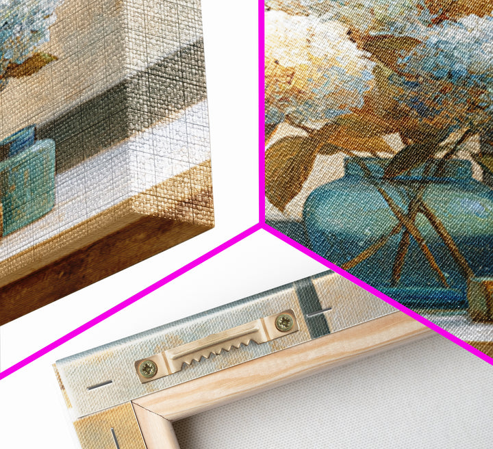 Sunlit Hydrangeas on a Windowsill Canvas Print, Bed and Breakfast Art, Rustic Home Decor, Living Room Decor, BAB-1x1-58
