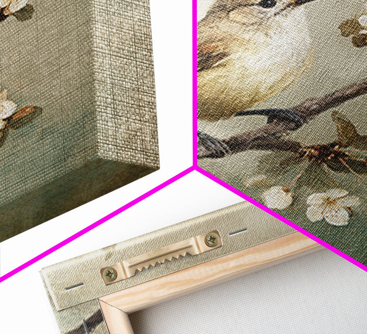Small Bird on a Flowering Branch Framed Canvas Print, Bed and Breakfast Art, Gallery Decor, Living Room Decor, Fine Art, BAB-1x1-62