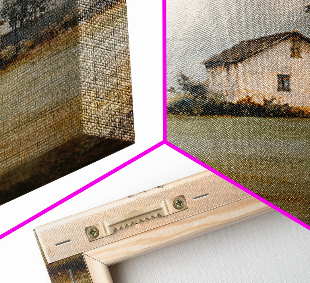 Old Farmhouse Landscape Framed Canvas Print, Bed and Breakfast Art, Wood Wall Art, Living Room Decor, Oil Painting, BAB-1x1-7