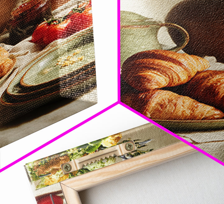 Fresh Croissants and Jam on a Linen Framed Canvas Print, Bed and Breakfast Art, Fine Art Print, Living Room Decor, Abstract Art, BAB-1x1-74