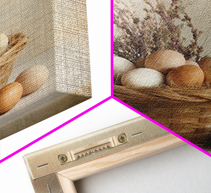 Fresh Eggs in a Woven Basket with Framed Canvas Print, Bed and Breakfast Art, Statement Artwork, Living Room Decor, Fine Art, BAB-1x1-78