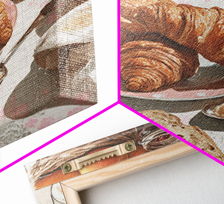 Fresh Croissants and Jam on a Linen Canvas Print, Bed and Breakfast Art, Textured Painting, Living Room Decor, Abstract Art, BAB-1x1-98