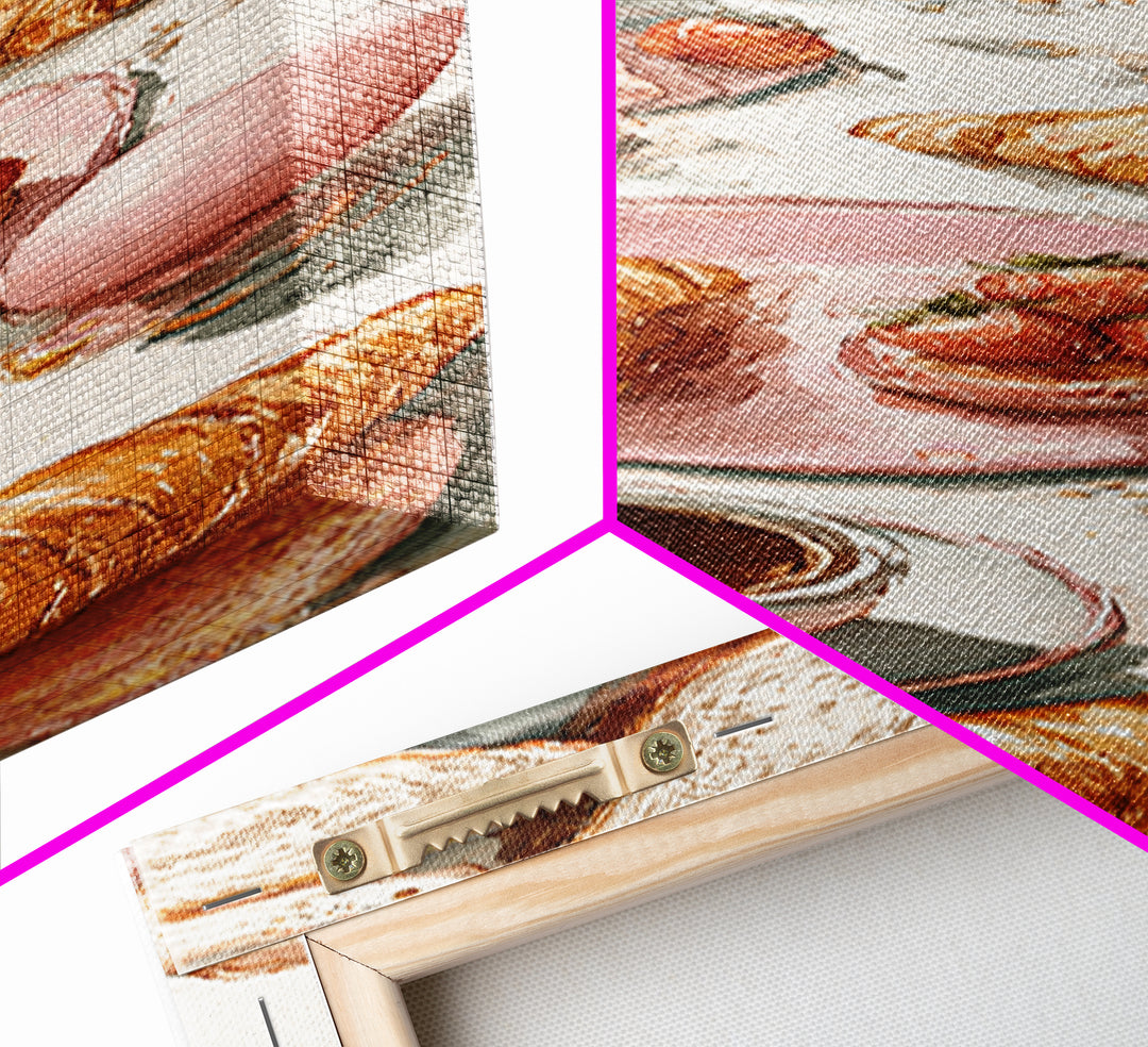 Fresh Croissants and Jam on a Linen Canvas Print, Bed and Breakfast Art, Contemporary Art, Living Room Decor, Abstract Art, BAB-1x3-86