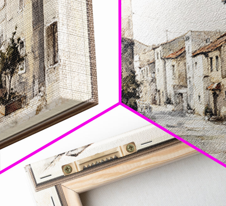 Soft Watercolor Village Street at Dawn Framed Canvas Print, Bed and Breakfast Art, Printable, Living Room Decor, Fine Art, BAB-2x1-1
