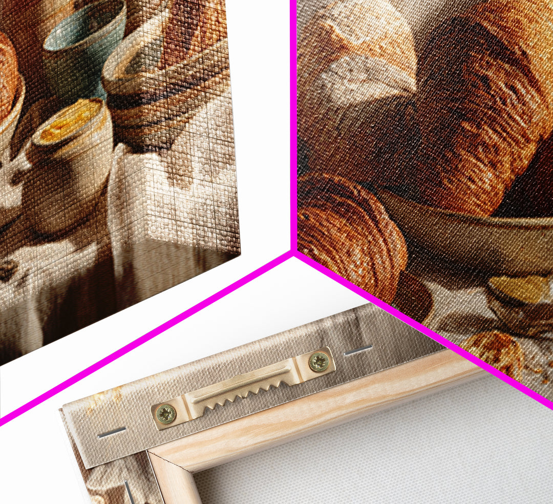 Fresh Croissants and Jam on a Linen Canvas Print, Bed and Breakfast Art, Textured Painting, Living Room Decor, Abstract Art, BAB-2x1-22