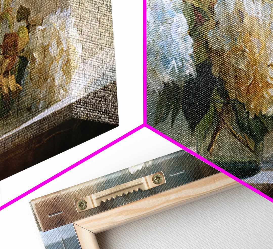 Sunlit Hydrangeas on a Windowsill Framed Canvas Print, Bed and Breakfast Art, Minimalist Decor, Living Room Decor, Fine Art, BAB-2x1-30