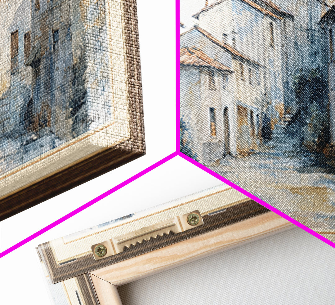 Soft Watercolor Village Street at Dawn Canvas Print, Bed and Breakfast Art, Printable Art, Living Room Decor, Fine Art, BAB-2x1-49