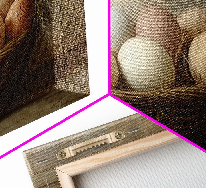 Fresh Eggs in a Woven Basket with Framed Canvas Print, Bed and Breakfast Art, Wall Decor, Living Room Decor, Fine Art, BAB-2x1-50