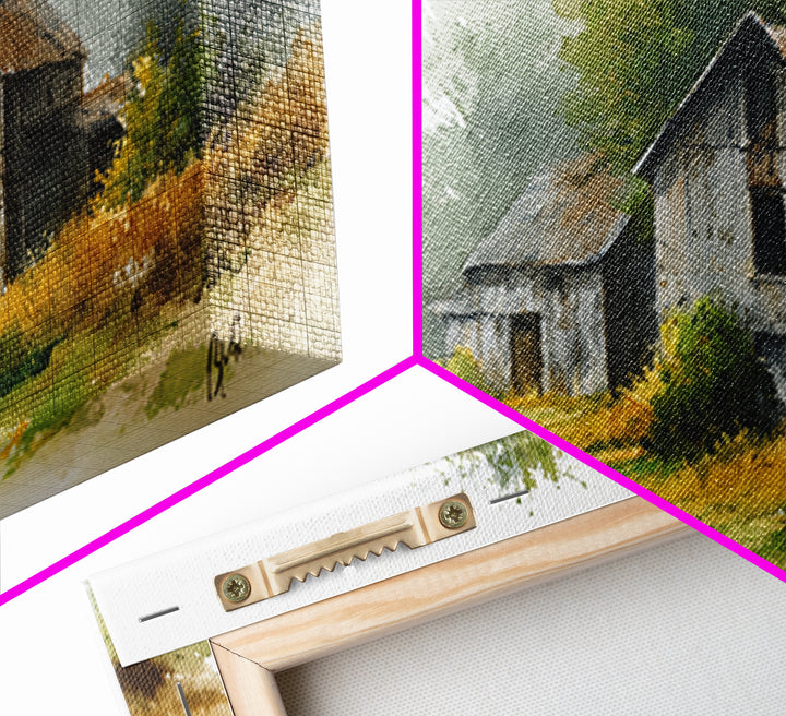 Old Farmhouse Landscape Framed Canvas Print, Bed and Breakfast Art, Living Room Decor, Watercolor Art, Folk Art, BAB-2x1-51