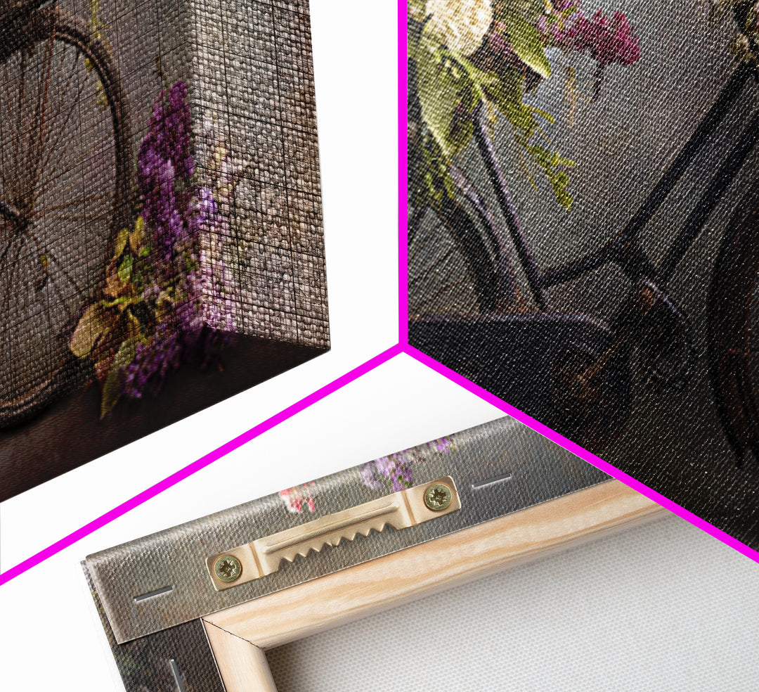 Old Bicycle with Flowers in Basket Framed Canvas Print, Bed and Breakfast Art, Gallery Decor, Living Room Decor, Fine Art, BAB-2x1-67