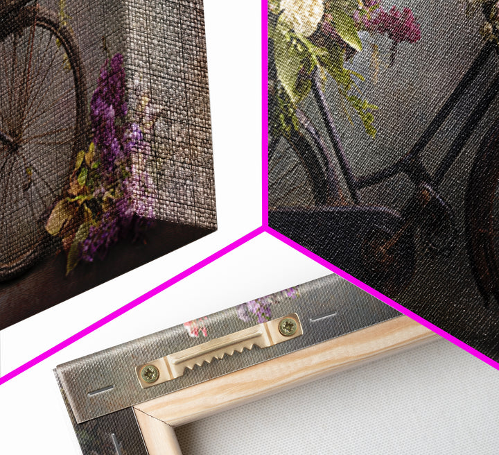 Old Bicycle with Flowers in Basket Framed Canvas Print, Bed and Breakfast Art, Gallery Decor, Living Room Decor, Fine Art, BAB-2x1-67