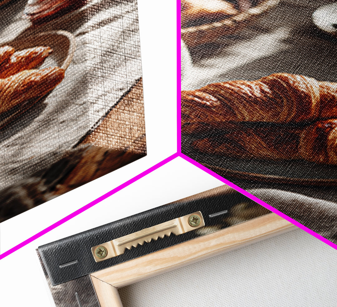 Fresh Croissants and Jam on a Linen Canvas Print, Bed and Breakfast Art, Abstract Art, Living Room Decor, Coffee Art, BAB-2x3-58