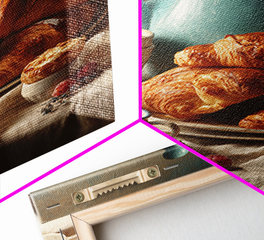 Fresh Croissants and Jam on a Linen Canvas Print, Bed and Breakfast Art, Abstract Art, Living Room Decor, Coffee Art, BAB-2x3-82