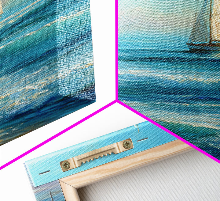 Coastal Inn Sailboat at Sunrise Framed Canvas Print, Bed and Breakfast Art, Bedroom Wall Art, Living Room Decor, Fine Art, BAB-2x3-97