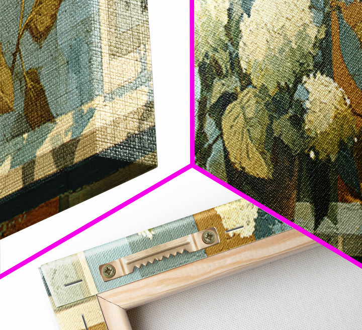 Sunlit Hydrangeas on a Windowsill Framed Canvas Print, Bed and Breakfast Art, Canvas Wall Art, Living Room Decor, Fine Art, BAB-3x1-2