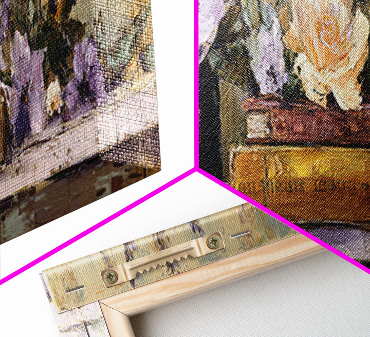 Warm Fireplace Still Life Framed Canvas Print, Bed and Breakfast Art, Bed, Living Room Decor, Oil Painting, Rustic Home Decor, BAB-3x1-58